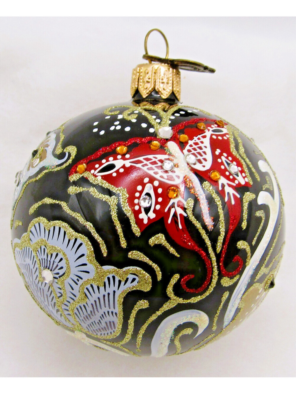 Jay Strongwater Artisan Butterfly Nouveau Black Glass Ball Ornament Papers Box